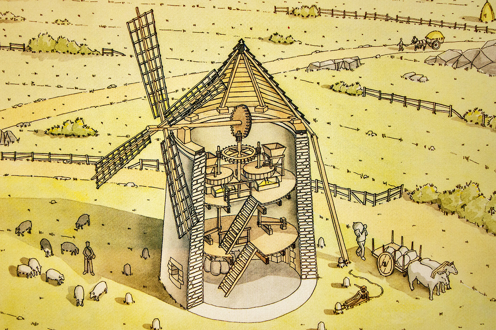 Esquema de un molino de viento vizcaino. Dibujo de Eduardo Cordero y Ramón Higuera