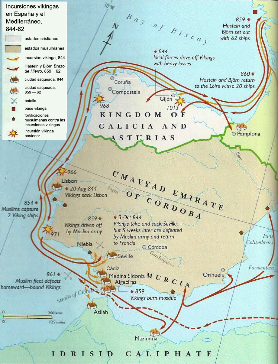 Incursiones vikingas en la península ibérica entre los siglos IX–XI. Reproducido de Haywood 1995