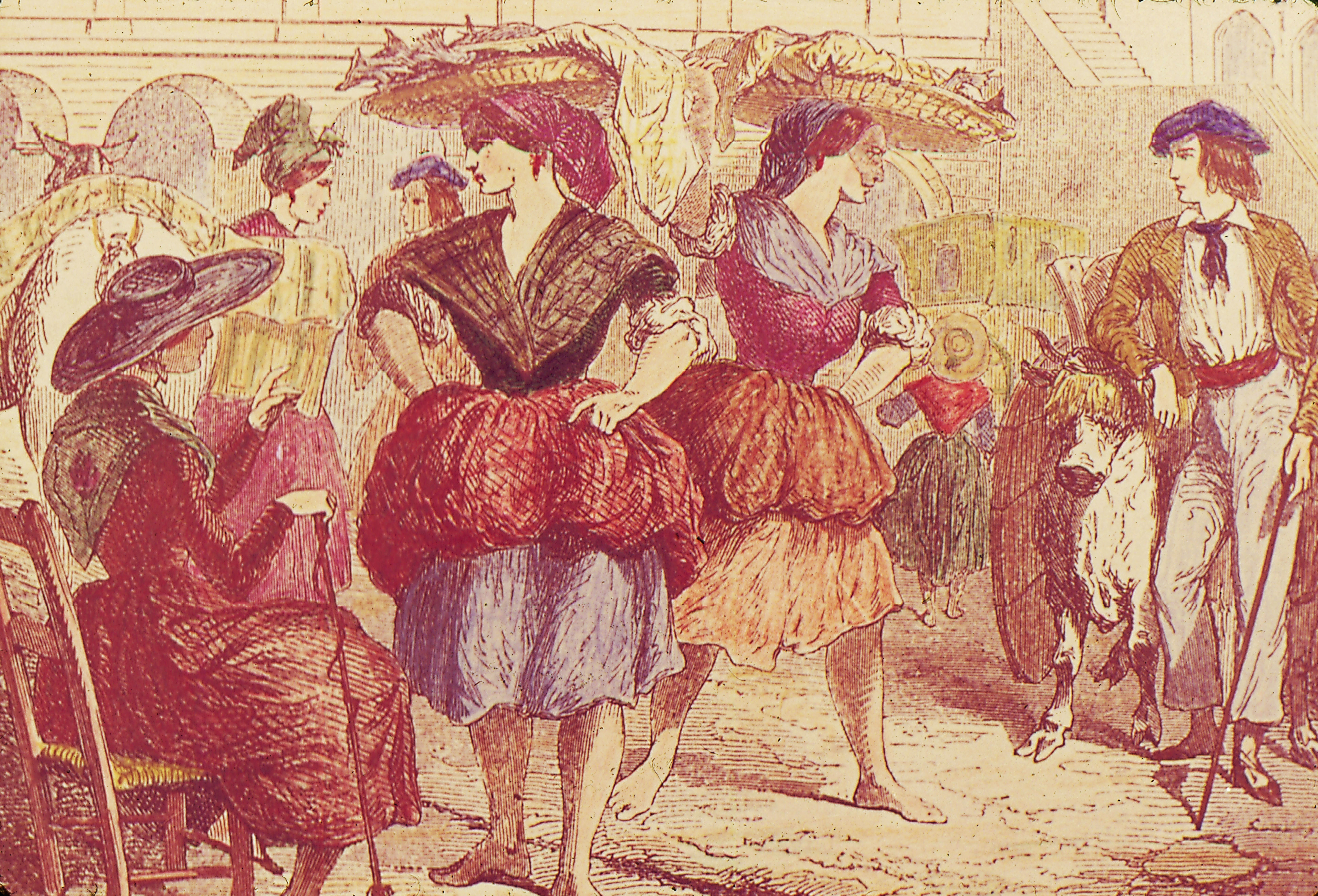 Women fish vendors in Donostia in the mid-nineteenth century. Reproduction of an engraving depicted by Luis de Madariaga in El país vasco-navarro [The Basque-Navarrese country]